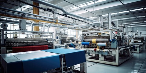 Sticker - A factory with machines and blue and red fabric. Generative AI.