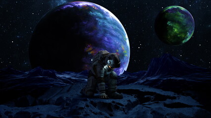 Wall Mural - space astronaut explores distant planet. cosmonaut in a spacesuit touches the ground of an asteroid.