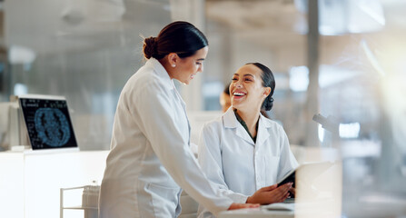 Aufkleber - Scientist, women and teamwork on tablet and computer for laboratory advice, medical research and night planning. Students, science people or mentor on digital technology of test results or comparison