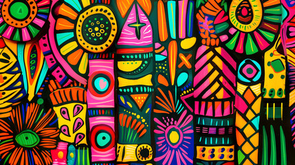 Wall Mural - colorful wood carved background, African folklore pattern, hand painted. Generative Ai.