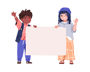 Wall Mural - Kids holding blank paper banner, horizontal placard in hands. Happy children friends, boy and girl showing empty clean space for advertisement. Flat vector illustration isolated on white background