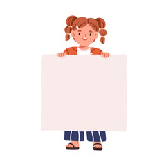 Wall Mural - Girl kid holding blank paper banner. Happy cute child showing empty space, clean board for advertising, clear promotion backdrop in hands. Flat vector illustration isolated on white background