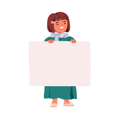 Wall Mural - Happy girl holding blank paper, advertising banner. Cute kid, excited child showing empty space, clean promotion card backdrop in hands. Flat graphic vector illustration isolated on white background
