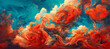 Abstract fiery red and vibrant orange sunset clouds in a turbulent swirl against a blue sky painterly art background. 