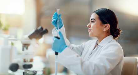 Poster - Science, laboratory and woman with pipette, test tube and biotech solution in research. Medical innovation, scientist or lab technician in study for healthcare, medicine and vaccine results feedback.