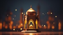 Ornamental Arabic Lantern With Serene Mosque Background With Beautiful Glowing Lantern At Night. Generative Ai