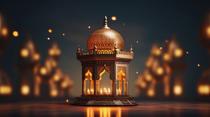 Wall Mural - Ornamental arabic lantern with burning candle glowing at night. muslim holy month ramadan kareem ai generated