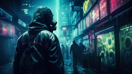 Wall Mural - a person wearing a black trenchcoat and gas mask walking down a dirty subterranean street with glowi