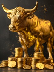 Wall Mural - A Golden Bull symbolizing prosperity and strength dynamically encircles a stack of golden coins, representing financial market success