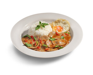 Wall Mural - Stir fried basil and meatball on rice with fried egg in white dish on white background