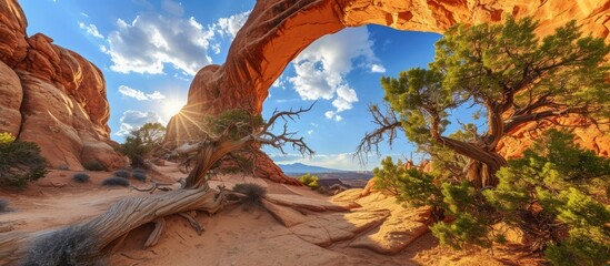 Poster - The sun shines through the desert arch, casting a warm glow on the natural landscape of sky, clouds, plants, trees, and soil.