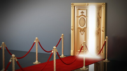 Wall Mural - Red carpet and velvet ropes leading to the half open golden door. 3D illustration