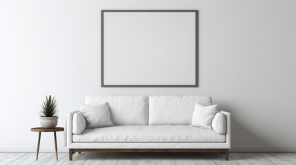 A minimalistic living room with a blank white empty frame, adorned with a simple, monochromatic art print that complements the overall aesthetic.