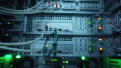 Wall Mural - many wires connect to the network interfaces. data center supercomputer.