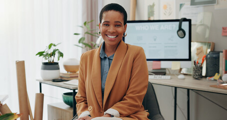 Wall Mural - Remote work, portrait and black woman at desk with computer, headphones and smile in home office. Freelance, internet and technology, online career with happy virtual assistant working in apartment.