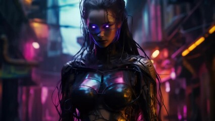 Wall Mural - a robotic woman surrounded by a rainbow of wires and flashing circuitry standing tall in the middle 