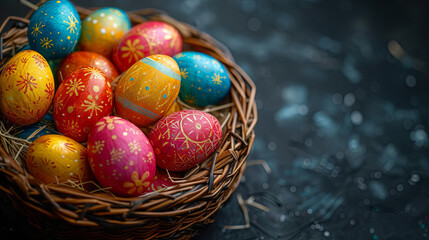 Wall Mural - Decorated colorfull easter eggs in the backet on the dark background, spring holiday time