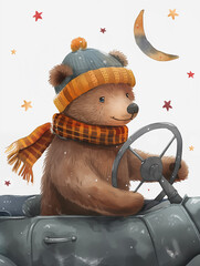 Children's illustration of a cute brown bear wearing a hat in the car. Fairytale character, poster