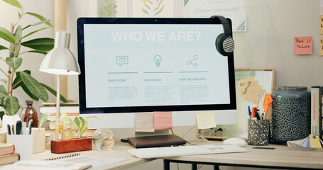Poster - Office, computer screen and website about us, information on crm business for virtual assistant. Monitor, empty workspace and online customer service web page for consulting, contact info and network