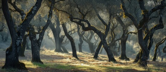 Canvas Print - The sunlight filters through the dense foliage of trees in the forest, creating a beautiful natural landscape with shadows and highlights.