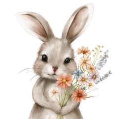 Canvas Print - A cute little bunny holds a bouquet of flowers in his paws. Illustration in watercolor style. Isolated on the white background.