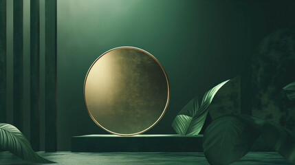 Abstract dark green background with a gold disk in the middle
