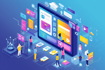 Office employees working together using digital devices isolated in blue background, friends working on business infographic elements, friends working together flat illustration wallpaper concept