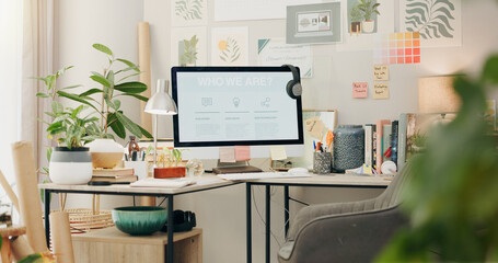 Poster - Empty, workspace and a computer in a home office for remote work, business or design of desk. Working, creative and a table with a pc and setup for a freelance career or entrepreneurship from a house