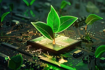 Wall Mural - Harmonious blend of nature and technology showcasing vibrant green sprout thriving on electronic chip symbolizing innovative union of environmental consciousness with technological advancement