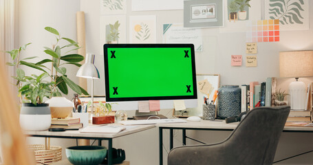 Wall Mural - office, desk and computer with green screen, chromakey and desktop placeholder for website design in