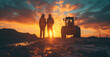 Two workers in safety waistcoats and helmets against the background of sunset and working machinery, excavator tractor