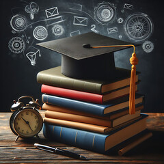 graduation cap on a stack of books, graduation concept, graduation cap on a book 