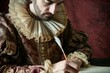 man in baroque outfit with ruffled collar writing with a quill