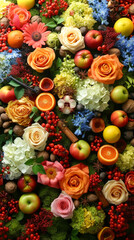  random selection of colorful flowers like roses, Jasmine, Orchid , lily some fruits like orange, lemon, peach, green apple, red berries, oak moss, vanilla pods, some spices like anise, cinnamon some n