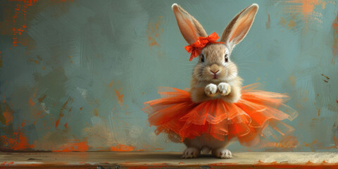 Wall Mural - Ballet-themed petfluencer portrayal: Bunny in tutu performing gracefully on stage, a cute pet portrait