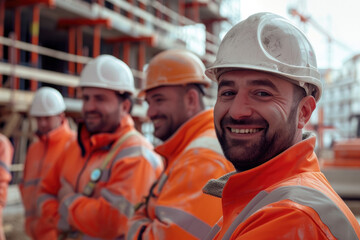 Group of happy workers in hard hats and construction uniforms at a construction site