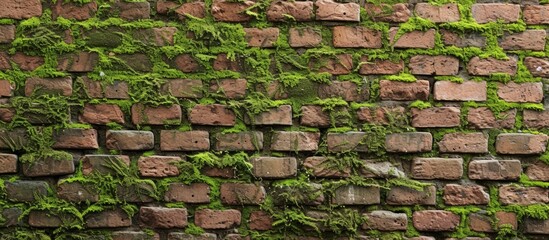 Sticker - A stunning brick wall covered in vibrant green moss creates a beautiful landscape. The moss acts as a groundcover, enhancing the brickwork's texture and creating a striking pattern.