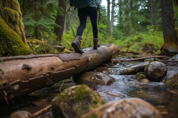 Wall Mural - person with backpack crossing a log over a creek