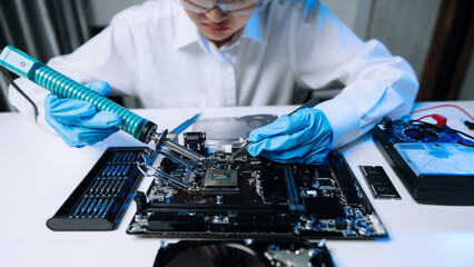 Wall Mural - The technician is putting the CPU on the socket of the computer motherboard. electronic engineering electronic repair, electronics measuring and testing, repair.