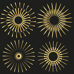 Wall Mural - Vintage sunburst collection. Bursting golden sun rays. Fireworks. Logotype or lettering design element. Radial sunset beams. Vector illustration.