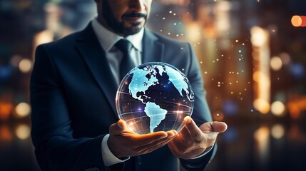 Wall Mural - A businessman interacting with a virtual holographic globe for global business strategy, business, holograms, blurred background, with copy space