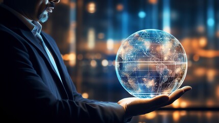 Canvas Print - A businessman interacting with a virtual holographic globe for global business strategy, business, holograms, blurred background, with copy space 