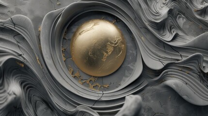 Abstract, black background with a golden ball in the middle
