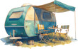 Watercolor vintage camping trailer isolated. Blue camper van illustration.