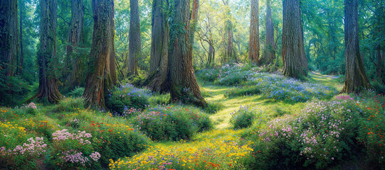 Wall Mural - Enchanting spring forest landscape with hazy sunlight through tall conifer trees and charming glade of wildflowers, leafy green foliage and grass.