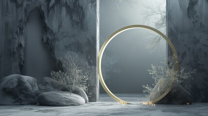 Wall Mural - abstract dark blua and gold background with ring in 3D style
