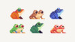 Frogs pixel art set. Toad collection. 8 bit. Game development, mobile app. Isolated vector illustration. Cross stitch pattern.