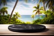 An elegant black marble podium placed on a table with a blurred tropical beach background, all set up for product presentation. Made with generative AI technology