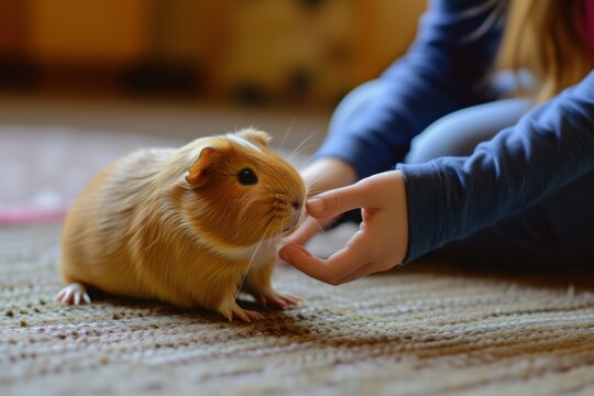 person teaching a guinea pig to follow a command, room