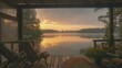 Cabin porch serenity by the lake, summer morning painted in soft sunrise colors